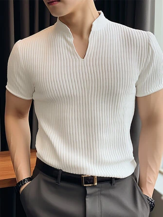 INCERUN Men T-shirts V-neck Knitted Short Sleeve Top Casual Solid Color Male Shirt Comfortable Mens Top Clothing