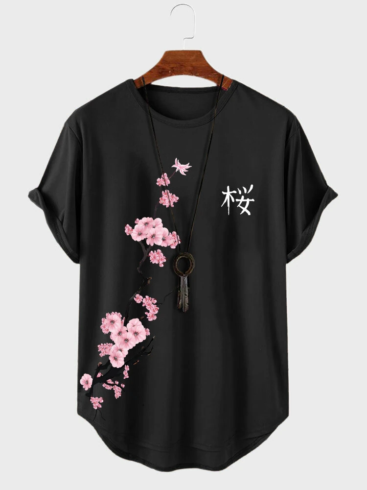 ChArmkpR Mens T-shirts Japanese Cherry Blossoms Print Crew Neck Curved Hem Short Sleeve Tshirts