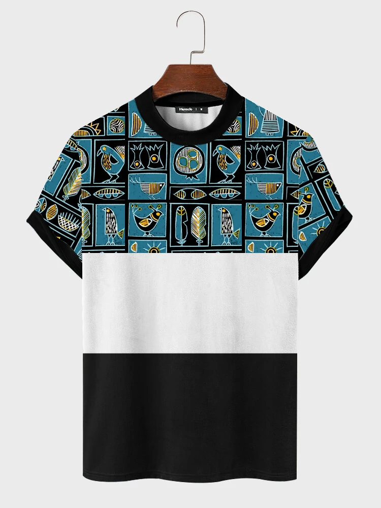 ChArmkpR Mens Ethnic Animal Pattern Color Block Patchwork Short Sleeve T-Shirts