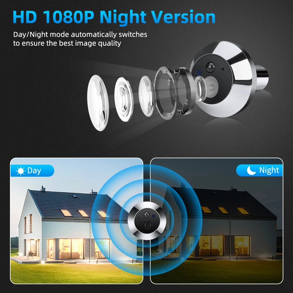 Smart Home Tuya 120° Wide Angle Door Peephole Camera 1080P Wireless One Way Intercom Video Eye Motion Detection Wifi Doorbell Camera 5000mAh Battery Work with Alexa&Google