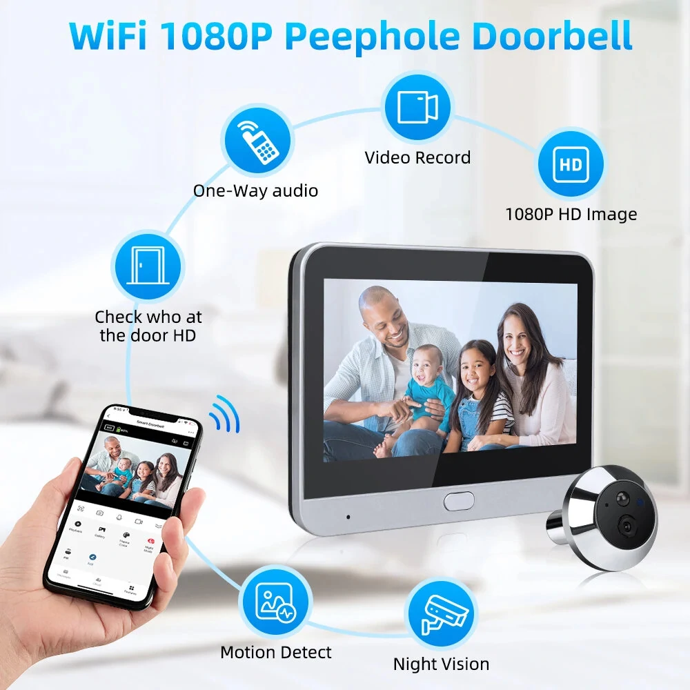 Smart Home Tuya 120° Wide Angle Door Peephole Camera 1080P Wireless One Way Intercom Video Eye Motion Detection Wifi Doorbell Camera 5000mAh Battery Work with Alexa&Google