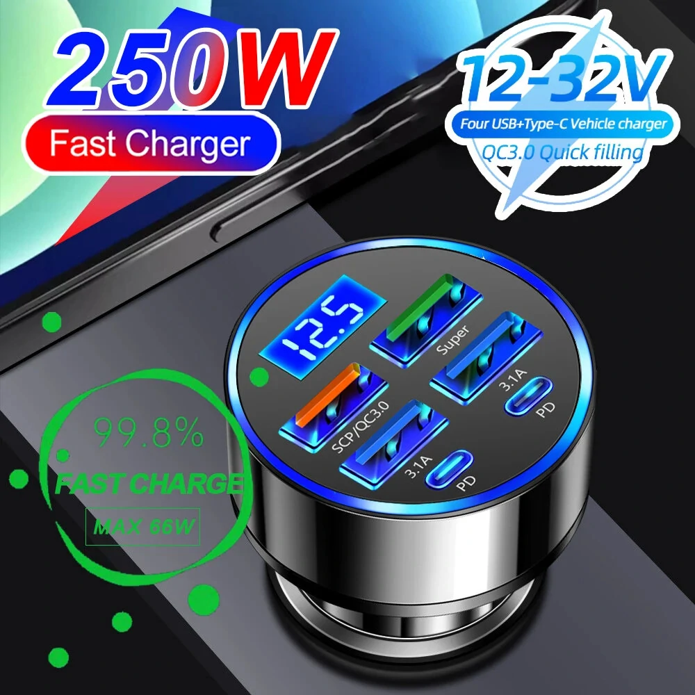 250W PD Car Charger QC3.0 Fast Charge with Digital Display Plug Car Charger Socket Flash Charge Digital Display Car Charger