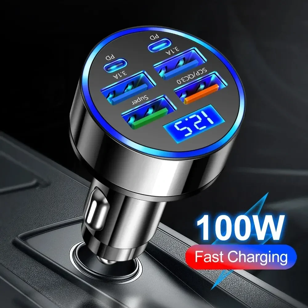 250W PD Car Charger QC3.0 Fast Charge with Digital Display Plug Car Charger Socket Flash Charge Digital Display Car Charger