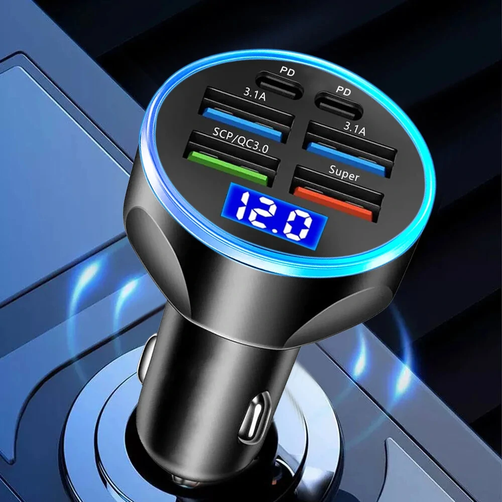 250W PD Car Charger QC3.0 Fast Charge with Digital Display Plug Car Charger Socket Flash Charge Digital Display Car Charger