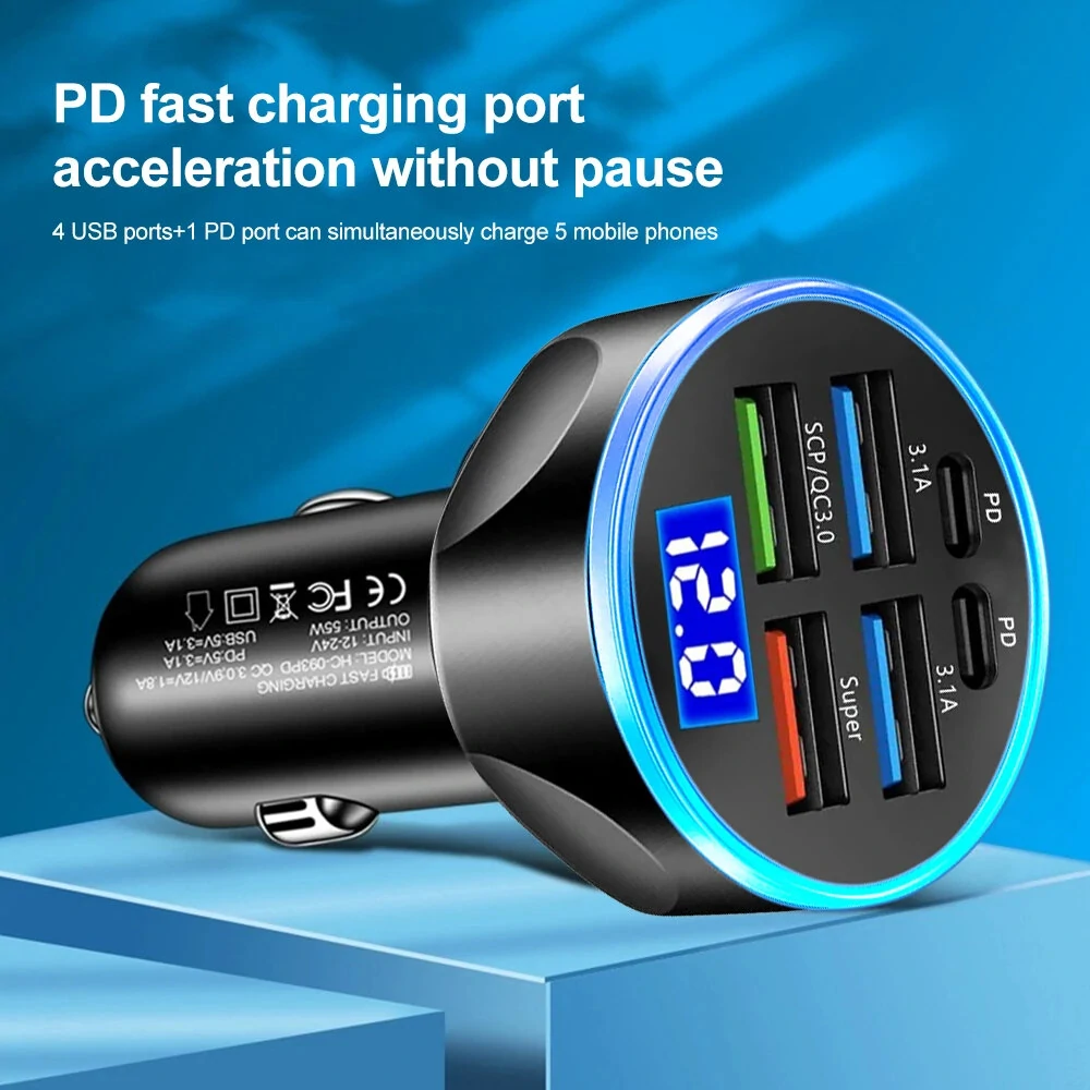 250W PD Car Charger QC3.0 Fast Charge with Digital Display Plug Car Charger Socket Flash Charge Digital Display Car Charger