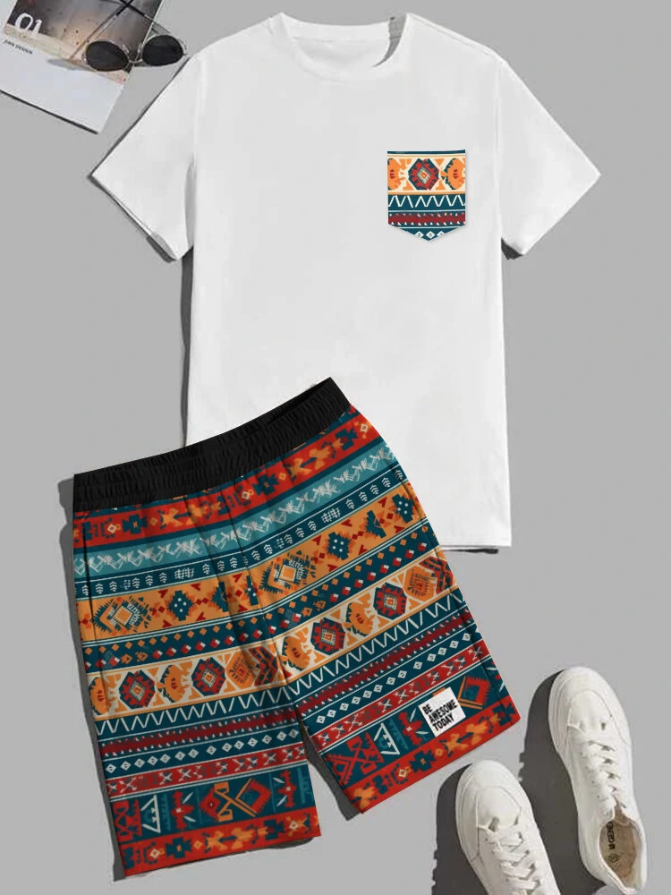 ChArmkpR Mens Colorful Geometric Print Crew Neck Ethnic Two Pieces Outfits