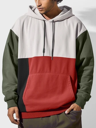 Mens Color Block Patchwork Kangaroo Pocket Drawstring Hoodies