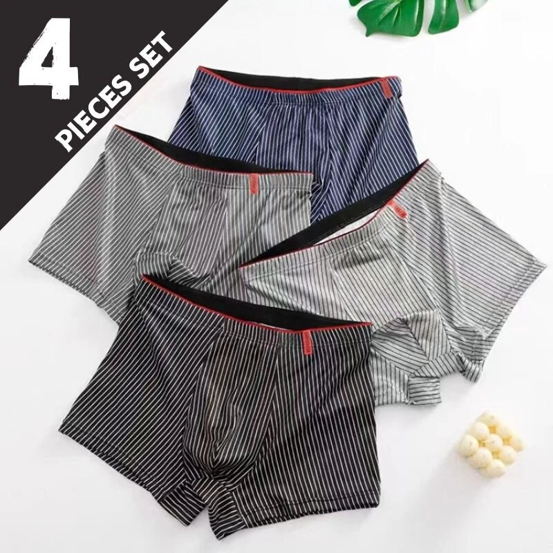 4pcs Men's Underwear Sports Boxers, Casual Striped Boxer Trunks, Breathable Comfy High Stretch Boxer Panties