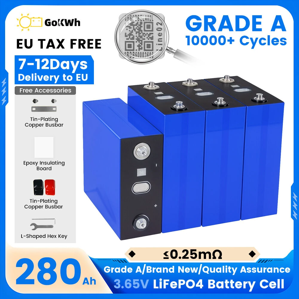 4Pack 3.65V 280AH LiFePO4 Lithium Prismatic Battery Cell 8000+ Deep Cycle Battery Grade A Power Supply for Solar Systems,Golf Cart,Motor,Off Grid