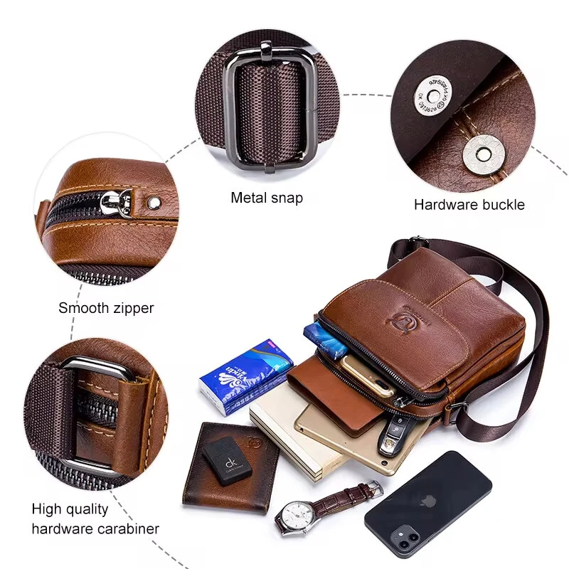 BULLCAPTAIN Genuine Leather Men's Crossbody Bags Bussiness Casual Shoulder Bag Fashion Bags for men Small Handbag Messenger Bags