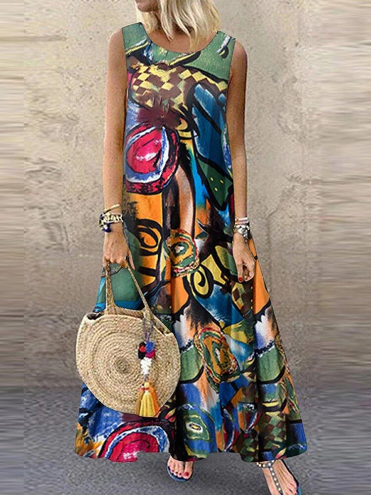 ZANZEA Plus Size Women Long Dress Retro O-neck Abstracted Print Sleeveless Beach Maxi Dress with Pockets