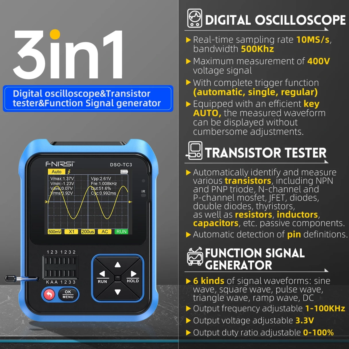 FNIRSI DSO-TC3 Digital Oscilloscope Transistor Tester Function Signal Generator 3 in 1 Multifunction Electronic Component Tester