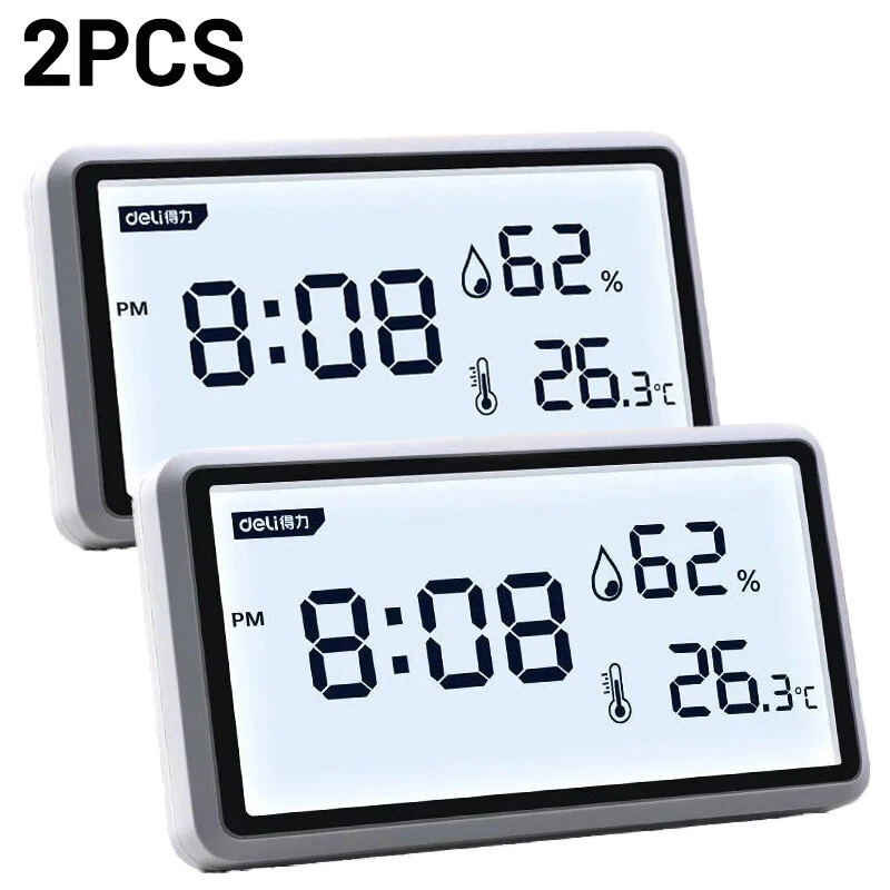 2Pcs Deli Electronic Thermometer Hygrometer Weather Station with High Precision 0.1℃ Temperature Humidity LCD Display Clock Function Long Battery Life- Ultimate Indoor Weather Monitoring Station