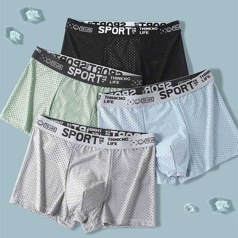 4pcs Men's Ice Silk Cool Boxer Briefs, Mesh Breathable Soft Comfy Stretchy Boxer Trunks, Sports Trunks, Multicolor Men's Underwear