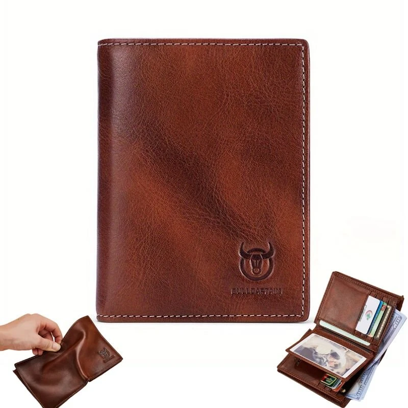 BULLCAPTAIN Men's Genuine Leather Thin Wallet Handmade Cowhide Short Coin Purse Clip Large Capacity RFID Blocking Wallet Business Casual Card Bag Gifts for Men