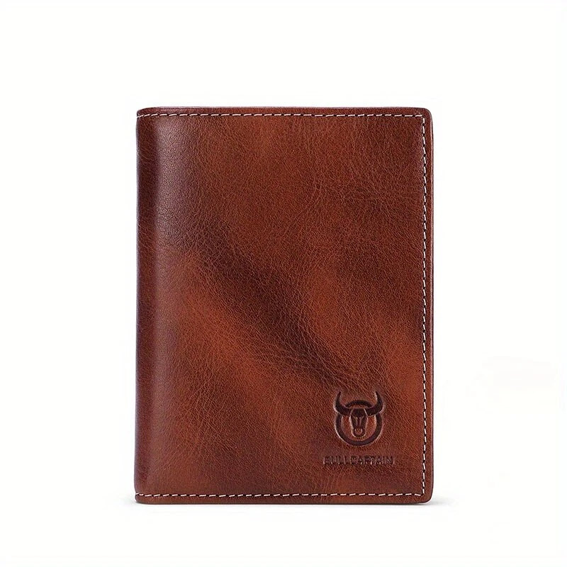 BULLCAPTAIN Men's Genuine Leather Thin Wallet Handmade Cowhide Short Coin Purse Clip Large Capacity RFID Blocking Wallet Business Casual Card Bag Gifts for Men