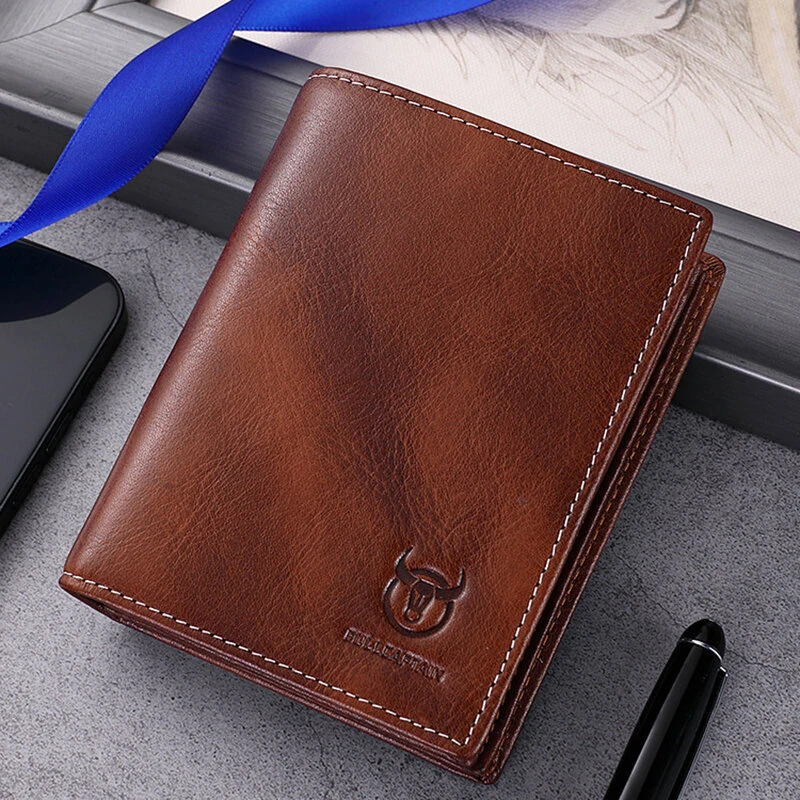 BULLCAPTAIN Men's Genuine Leather Thin Wallet Handmade Cowhide Short Coin Purse Clip Large Capacity RFID Blocking Wallet Business Casual Card Bag Gifts for Men