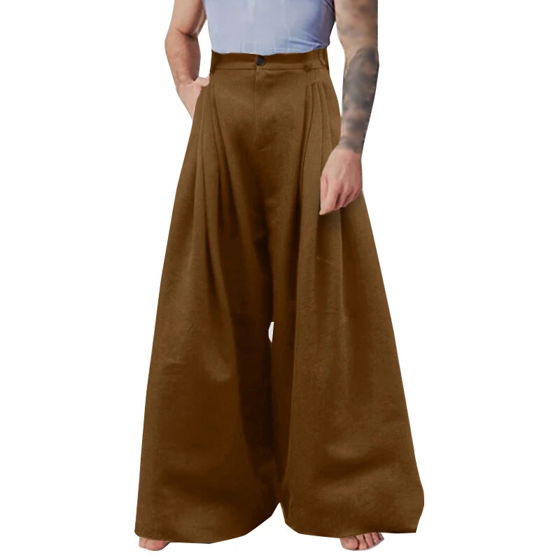 INCERUN Mens Pants Pleated High Waisted Loose Fit Casual Wide Leg Trousers Men Fashion Solid Color Long Pants