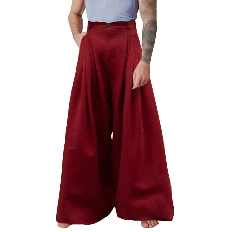 INCERUN Mens Pants Pleated High Waisted Loose Fit Casual Wide Leg Trousers Men Fashion Solid Color Long Pants