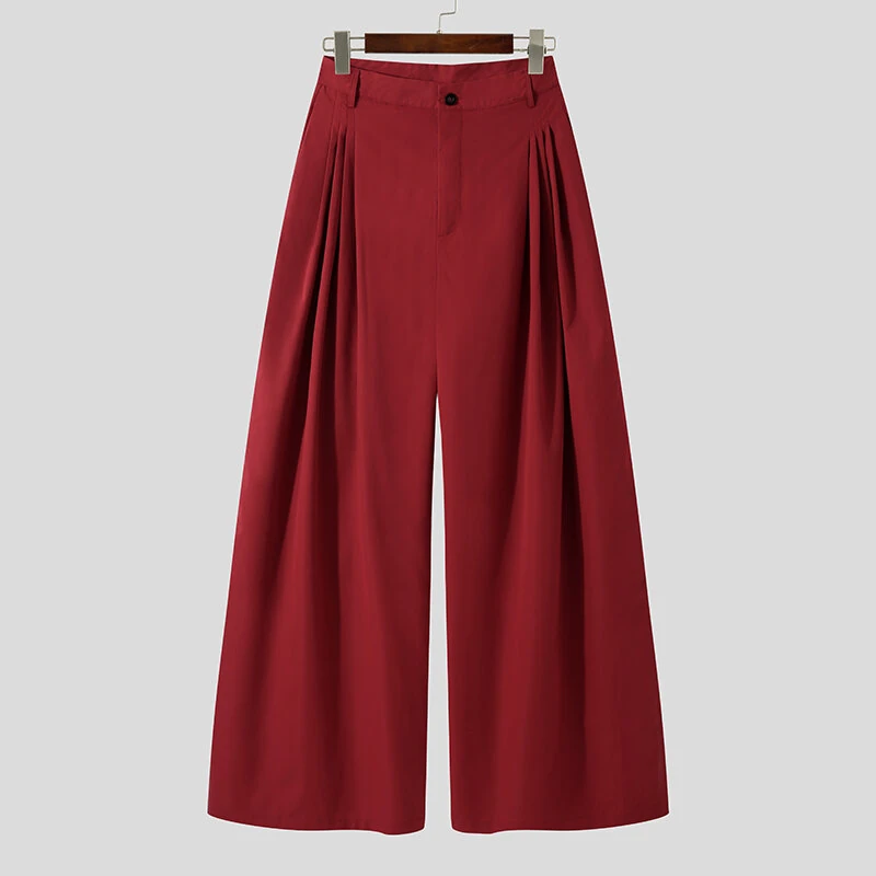 INCERUN Mens Pants Pleated High Waisted Loose Fit Casual Wide Leg Trousers Men Fashion Solid Color Long Pants