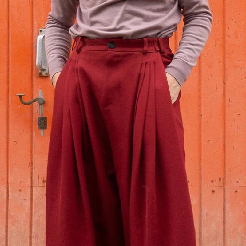 INCERUN Mens Pants Pleated High Waisted Loose Fit Casual Wide Leg Trousers Men Fashion Solid Color Long Pants