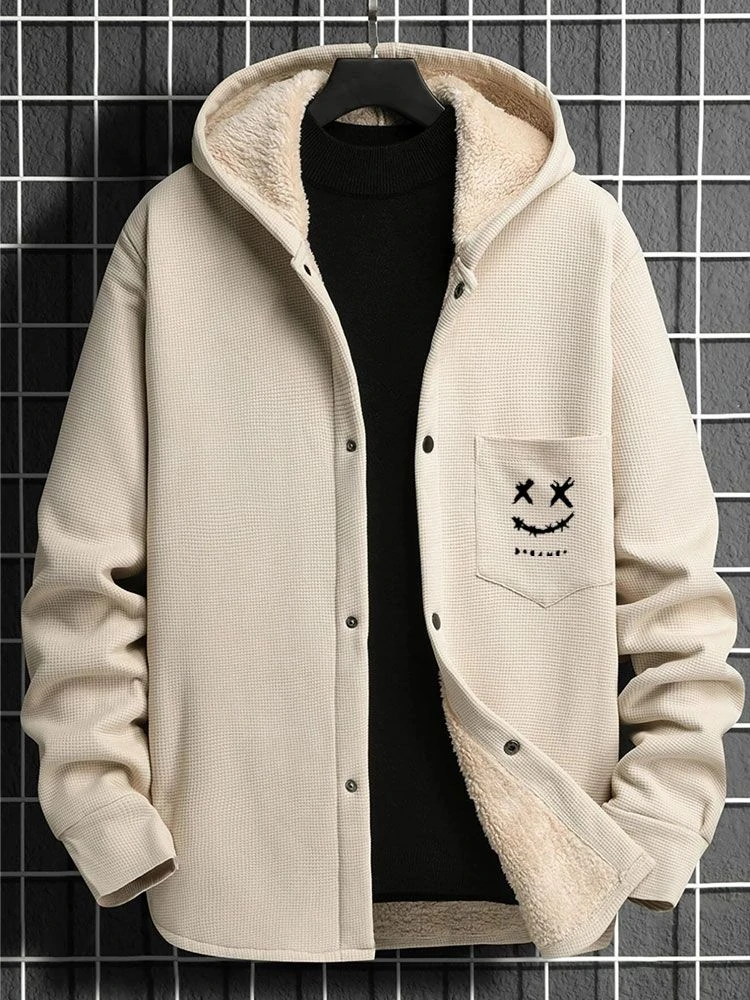 Mens Smile Face Embroidered Snap Button Plush Lined Hooded Jacket