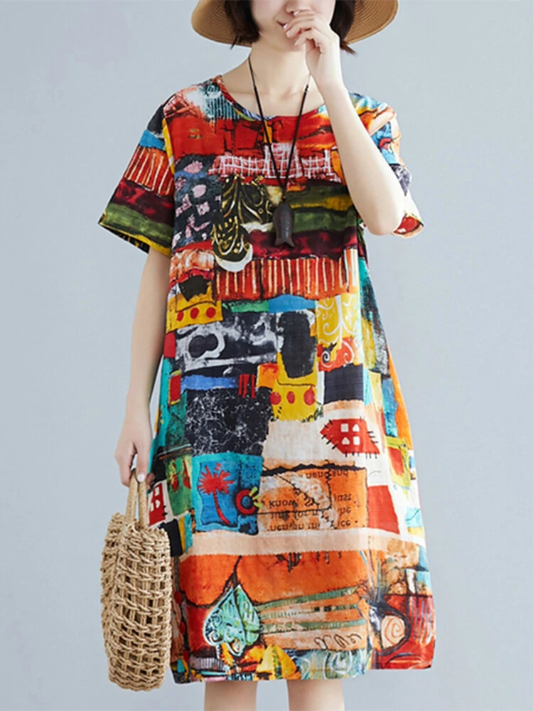 Abstract Painted Pocket Round Neck Short Sleeve Loose Midi Dress