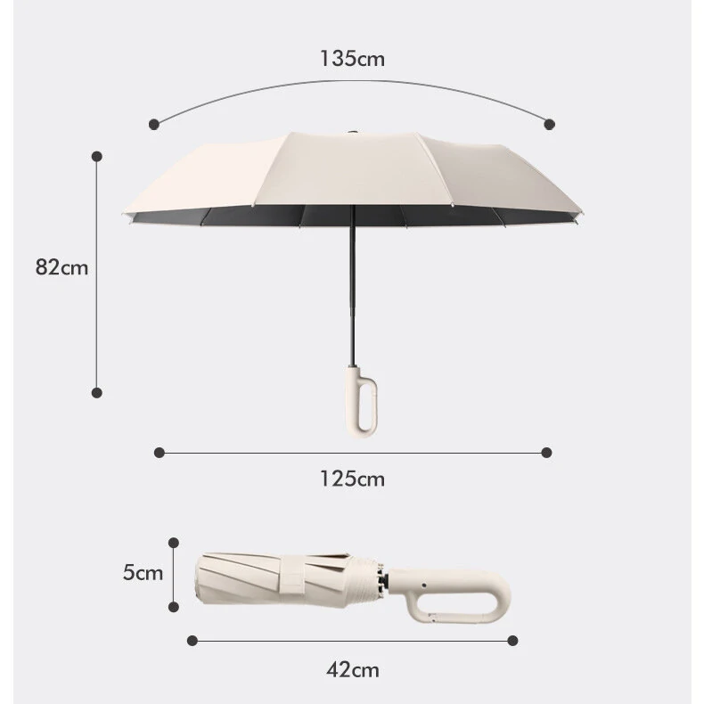 Extra Large 125cm Automatic Umbrella 10 Ribs Water Resistant 50+ UV Protection With Carabiner Handle Anti-slip Handle Protective Sleeve Fold Umbrella