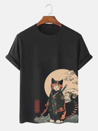 Mens Japanese Wave Cat Print Crew Neck Short Sleeve T-Shirts