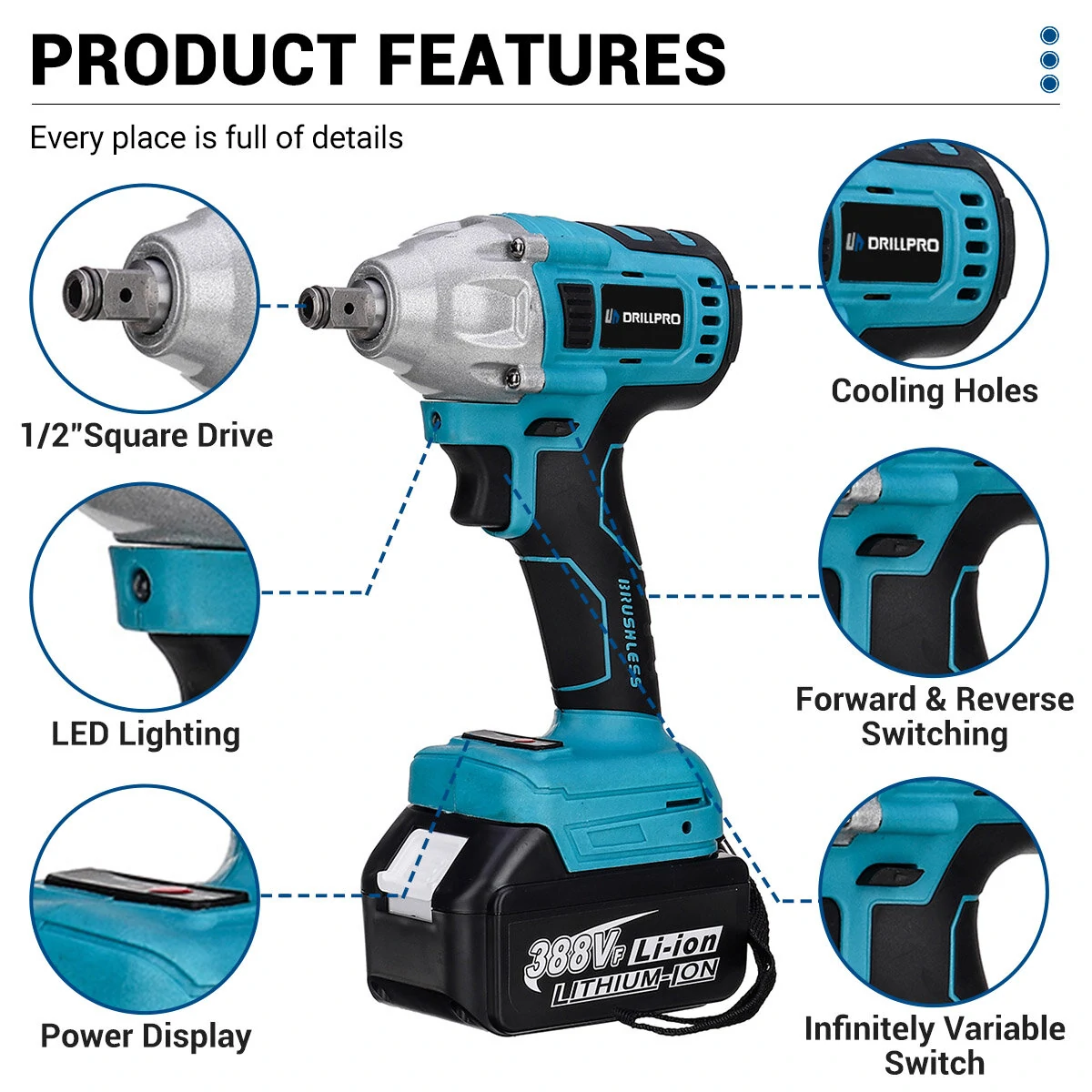 Drillpro 1 Set 800N.M Electric Wrench, Hammer, Power Drill Machine, Angle Grinder with/without Battery