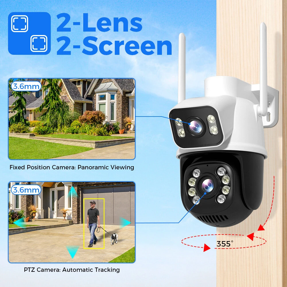 Hiseeu 6MP 4K PTZ Wifi IP Camera Dual Lens Dual Screens AI Human Detection Wireless Outdoor CCTV Security IP Camera Night Vision IP66 Waterproof ICSEE APP