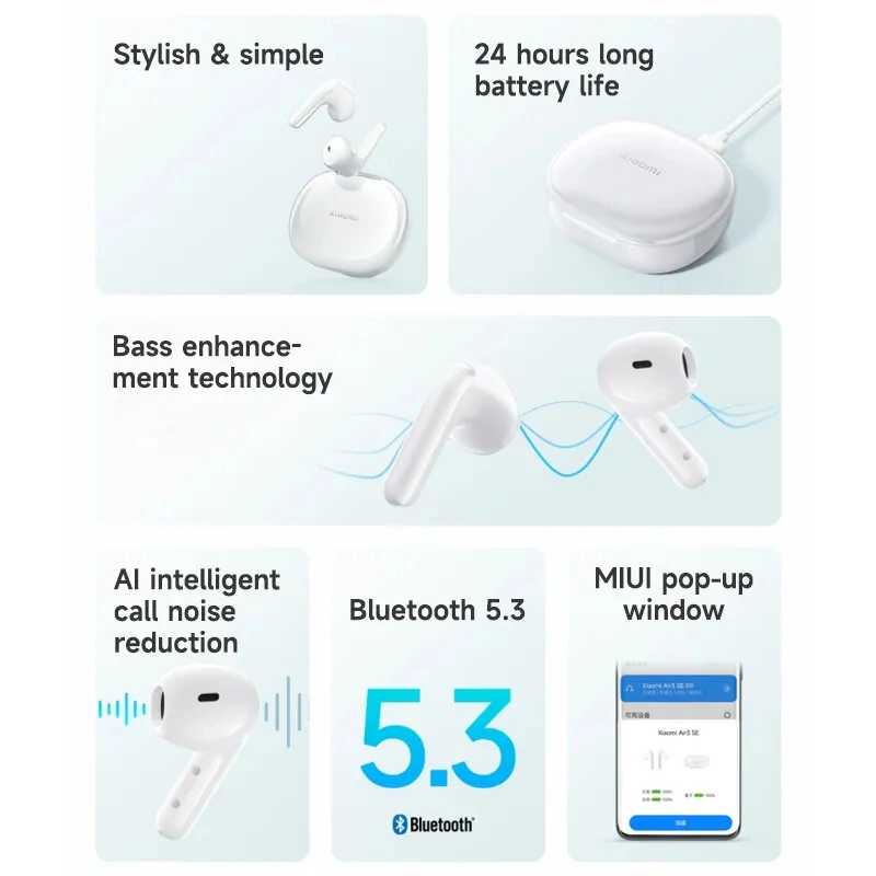 Xiaomi Air 3 SE TWS bluetooth 5.3 Earphone Bass Enhancement AI Call Noise Cancelling 24 Hours Battery Life Semi-in-ear Sports Earphone