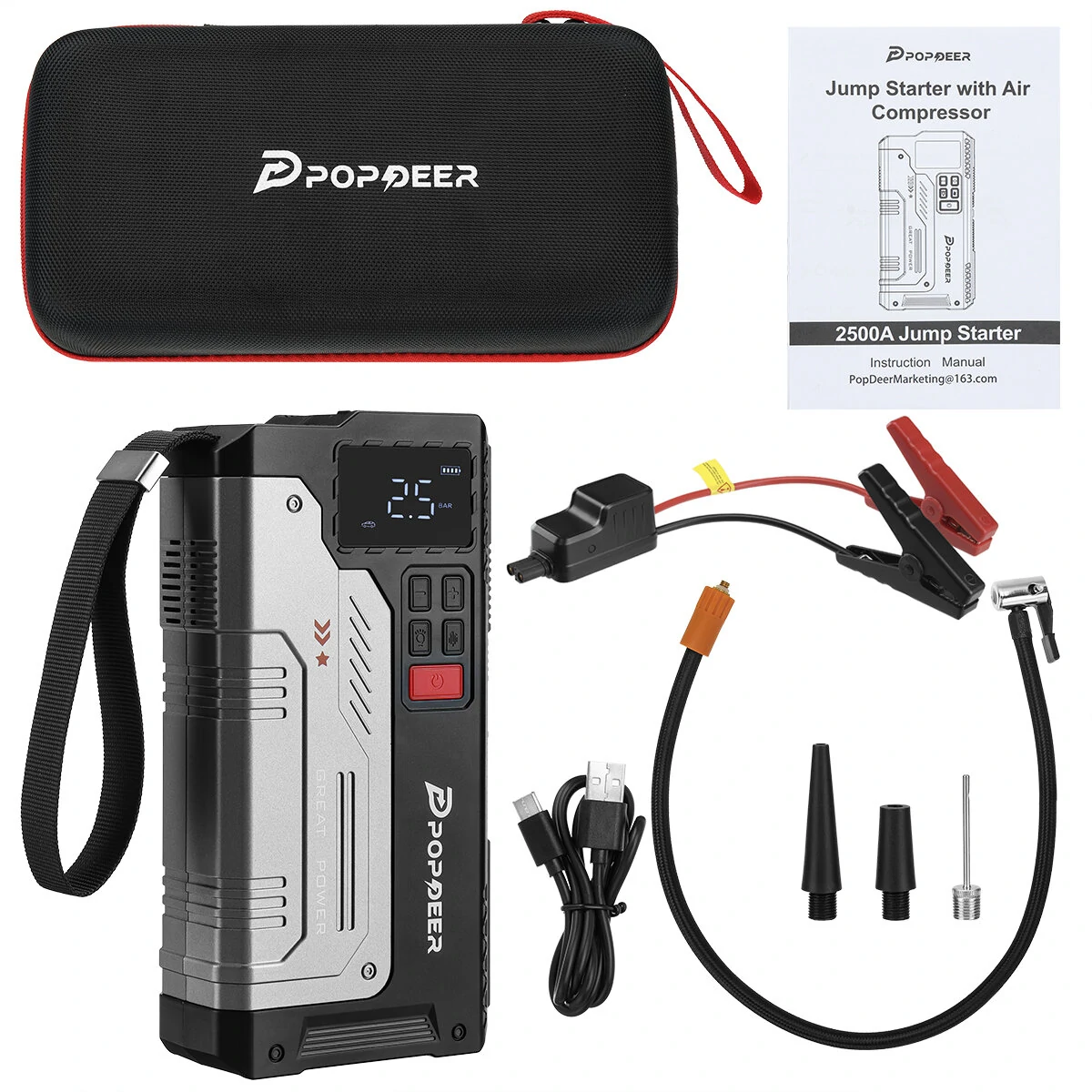 [EU Direct] POPDEER PD-JA1 20000mAh 2500A Professional Portable Car Jump Starter Inflator Emergency Start Power Supply Air Pump All-In-One Machine