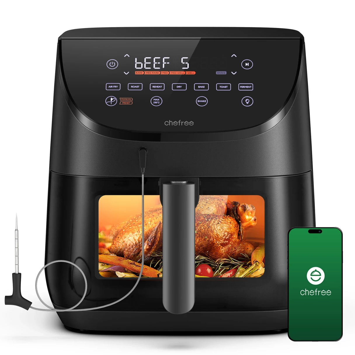 Chefree AF500 1700W 6.5L Air Fryer with Smart Probe Thermometer Versatile 8-in-1 Cooking Modes Rapid 230℃ Heating Shake Reminder