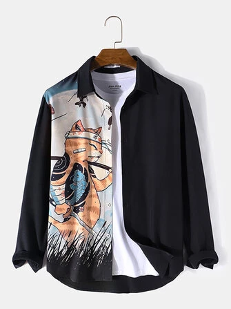 ChArmkpR Mens Japanese Cat Fish Print Patchwork Long Sleeve Shirts