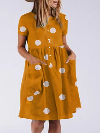 Polka Dot Button Pocket Short Sleeve Midi Dress