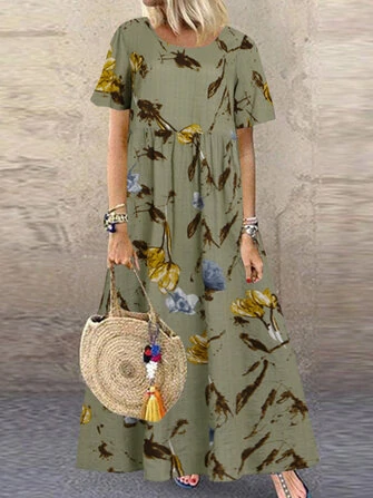 Vintage Floral Print Short Sleeve Loose Casual Maxi Dress