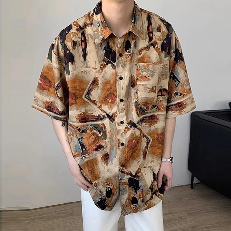 INCERUN Men Print Shirts Summer Comfy Beach Shirts with Pocket Casual Short Sleeve Lapel Daily Tops