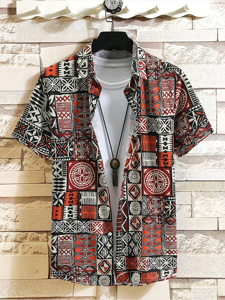 ChArmkpR Mens Shirt Ethnic Geometric Pattern Lapel Collar Short Sleeve Shirts