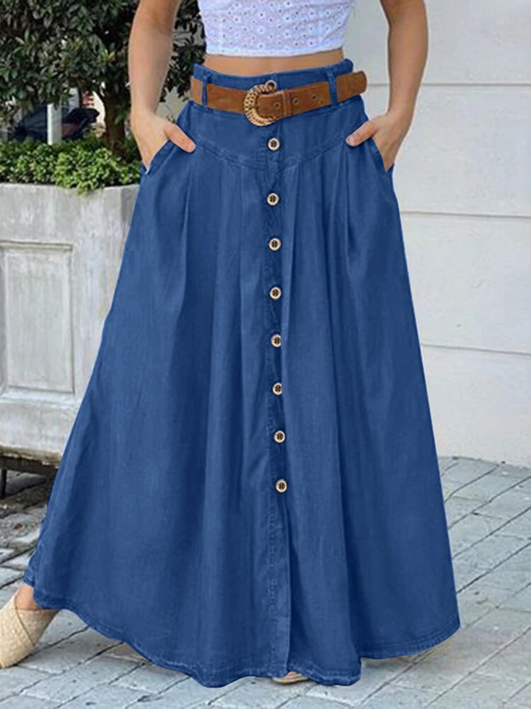 ZANZEA Plus Size Women Long Skirts, Summer Button Down Dress, Solid Color Loose Casual High Waist Long Skirt With Pocket