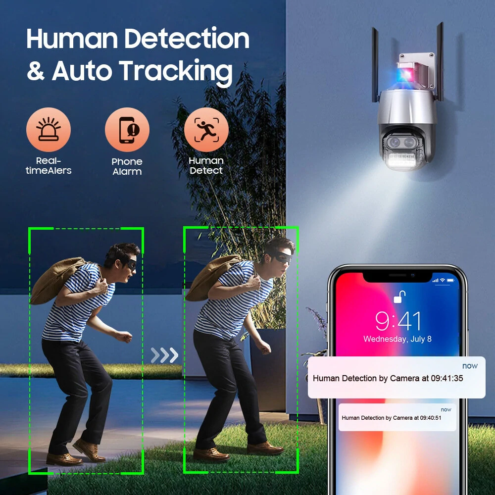 4MP+4MP Dual-lens 8MP Security IP Camera Wireless Binocular 8X Zoom Camera Auto Tracking Human Detection Colorful IR Night Vision Two-way Audio APP Remote Monitoring Security Camera