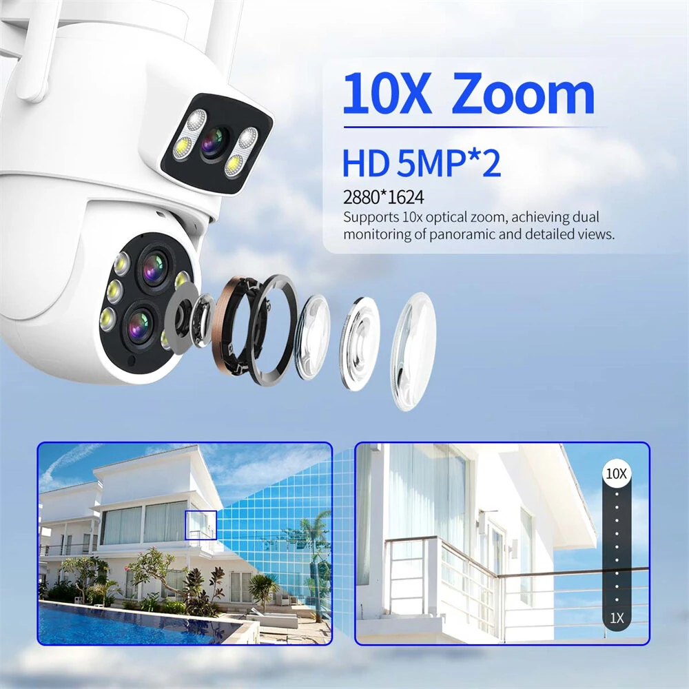 ESCAM QF500 10X Dual Lens 5MP+5MP WiFi IP Camera Night Vision Pan/Tilt Humanoid Detection Waterproof Two Way Audio Cloud Storage