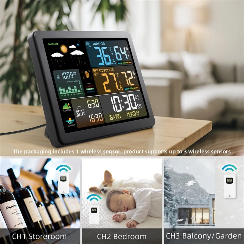 Electronic Weather Station Smart Color Screen Multi-function Alarm Clock Thermometer Hygrometer Weather Forecast Display with Outdoor Wireless Sensor