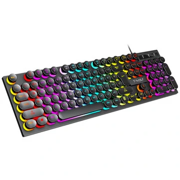T-WOLF T80 USB Wired Round Keyboard 104Keys Rainbow RGB Backlight Gaming Keyboard Mechanical Feel Computer Punk Button Keyboard