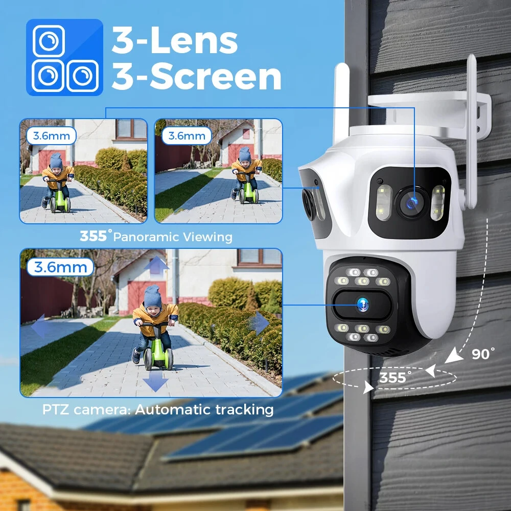 Hiseeu WSA18 8MP 4K 5X Zoom WiFi PTZ IP Camera Three Lens Three Screen Outdoor Camera Auto Tracking 2-Way Audio Video Surveillance CCTV Camera P2P ICSEE APP