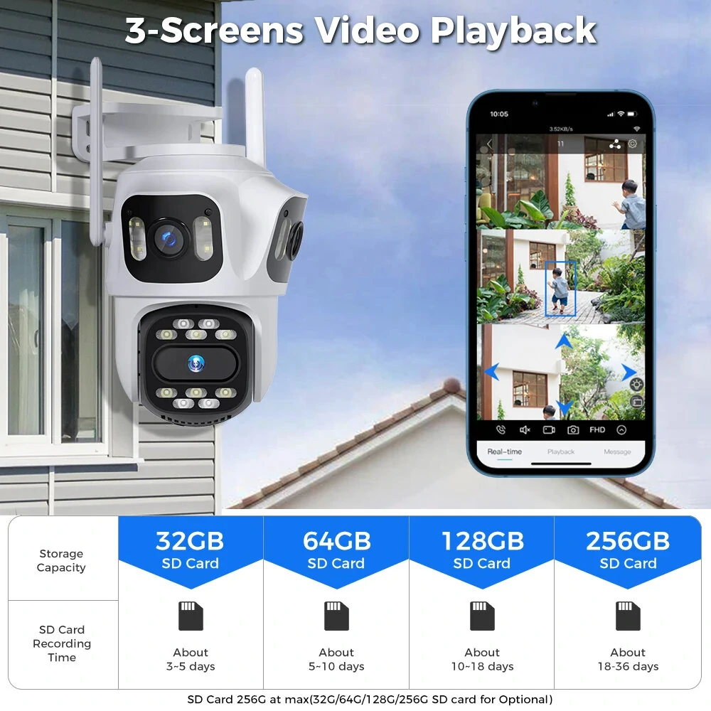 Hiseeu WSA18 8MP 4K 5X Zoom WiFi PTZ IP Camera Three Lens Three Screen Outdoor Camera Auto Tracking 2-Way Audio Video Surveillance CCTV Camera P2P ICSEE APP