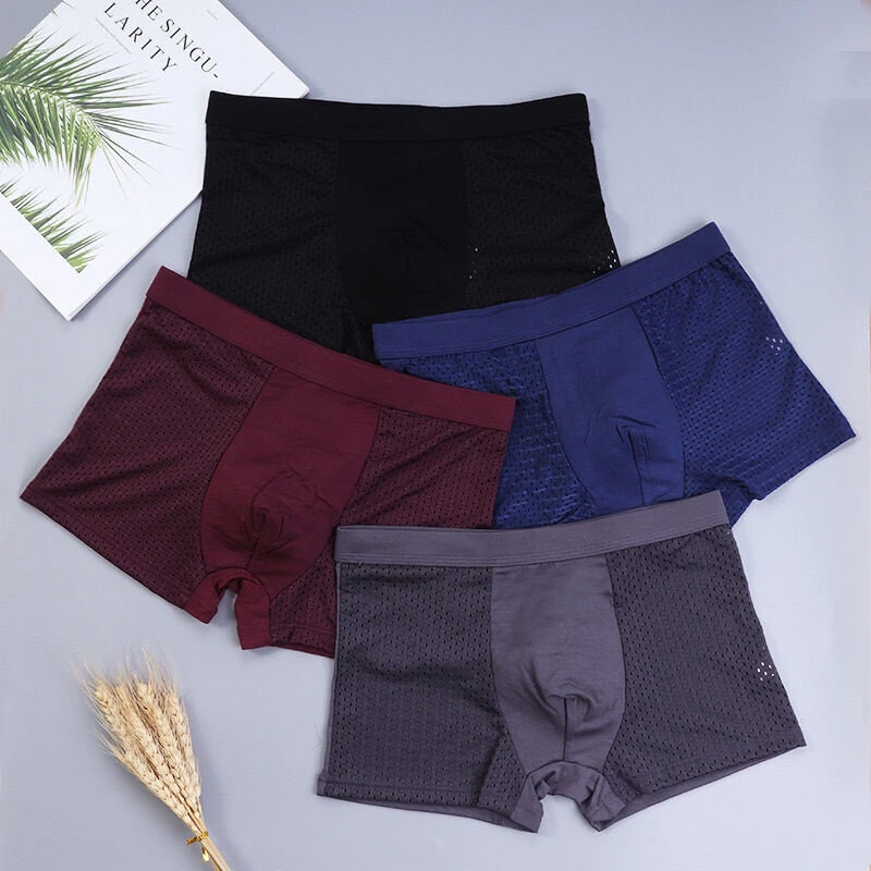 4pcs Men's Ice Silk Mesh Boxer Briefs, Summer Thin Style Breathable Comfy Boxer Trunks, Elastic Sports Shorts, Men's Casual Underwear Daily Bottom Wear