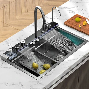 AGSIVO SUS 304 Stainless Steel Waterfall Kitchen Sink Workstation with Pull Down Sprayer Faucet / Temperature LED Digital Display / Cup Washer / Soap Dispenser
