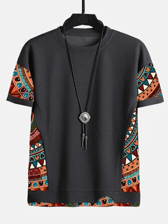 Mens Ethnic Geometric Pattern Stitching Texture Short Sleeve Streetwear T-Shirts