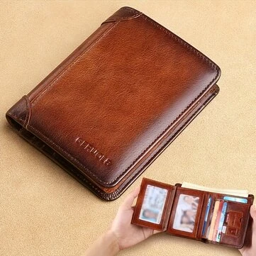 Men's Wallet Genuine Leather RFID Blocking Short Wallet Vintage Thin Multi Function ID Credit Card Holder Flip-flop Male Money Purse